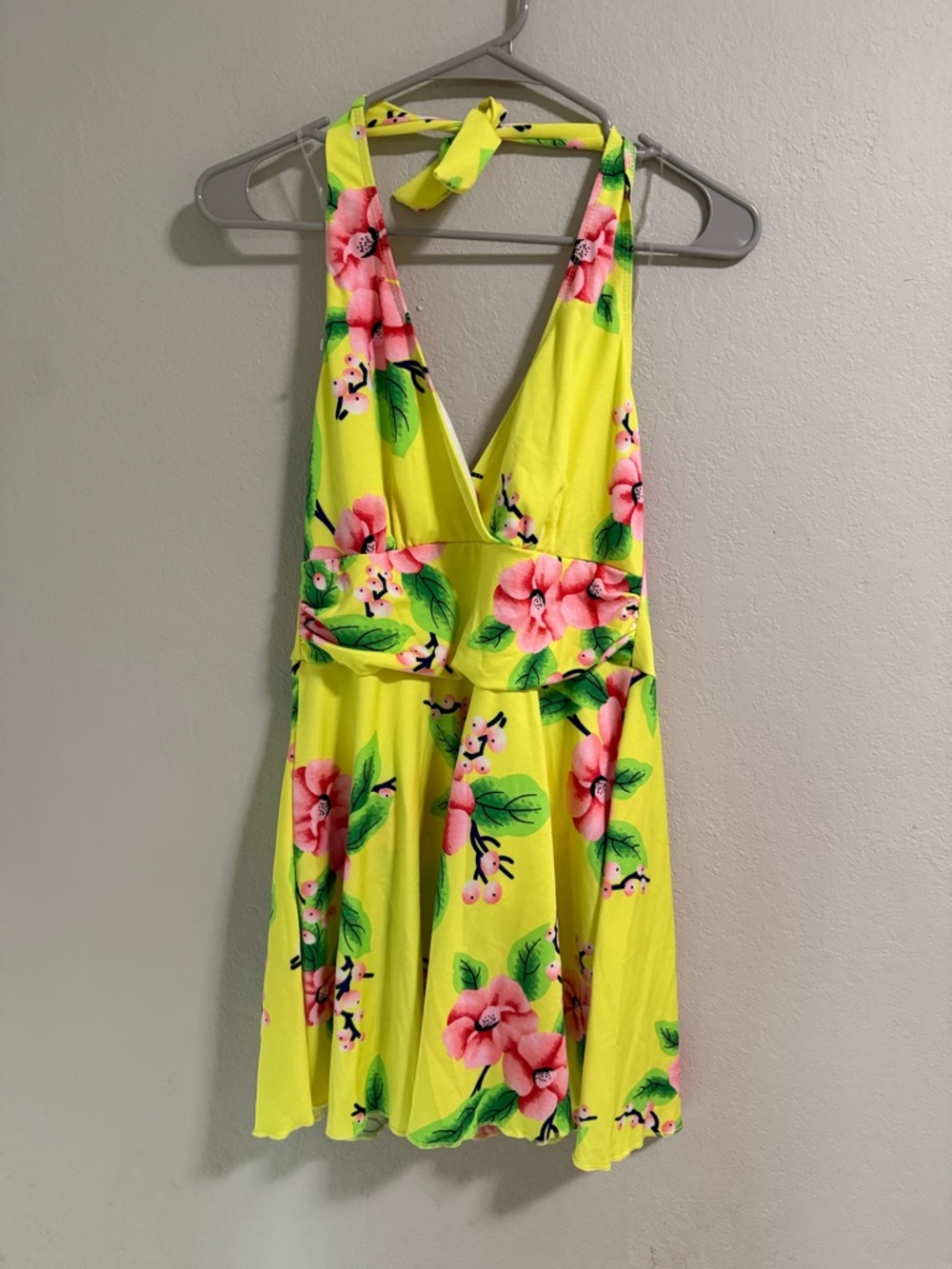 Neon Yellow Floral Halter Swim Dress Size M Cutout One Piece